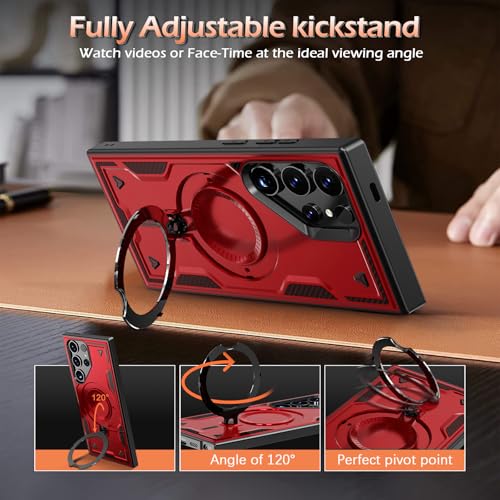 Image of for Samsung Galaxy S25 Ultra Case Magnetic with Stand, with Mag-Safe, with Screen Protector, Wireless Charging, Shockproof for Samsung S25 Ultra 5G Phone Case, Ring Holder Cover Red