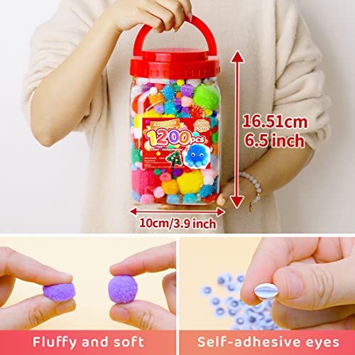 image for Iooleem Multi-Color Pom Poms, 1200pcs Assorted Size & Color, Pom Poms 