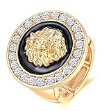 Aononu Hip Hop Adjustable Band Statement Lion Head Ring Women Gold-plated Sparkly Crystal Chunky Ring Cocktail Club Party Costume Jewelry (Black-02)