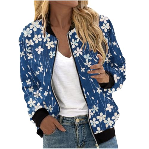 HipGlamp Women's Japanese-style Bomber Jacket Blue Base White Line Flowers