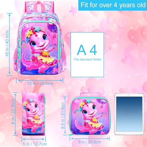 Image of CCJPX 3PCS Dinosaur Backpack for Girls, 16 Inch Kids Ballet Preschool School Backpacks with Lunch Box, Cute Ballet Water Resistant Bookbag with Elementary Toddler Travel