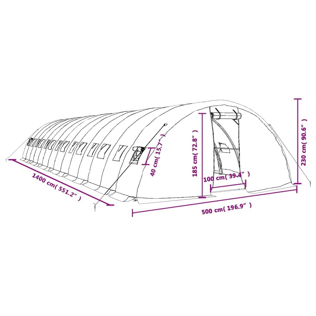 Gewächshaus mit Stahlrahmen Grün 70 m² 14x5x2,3 m für Hobbygartenbau, Anzucht, Pflanzenpflege, Balkon und Terrasse, wetterfest, UV-beständig, robust, mit Belüftung und Fenstern