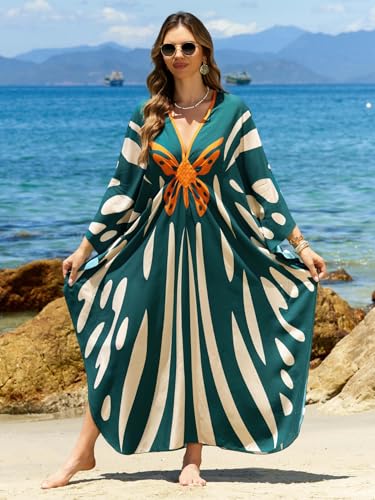 Image of IMAGEKOPE Women's Plus Size Animal Print V-Neck Batwing Kaftan Beach Dress Bathing Suit Cover-Up Loungewear
