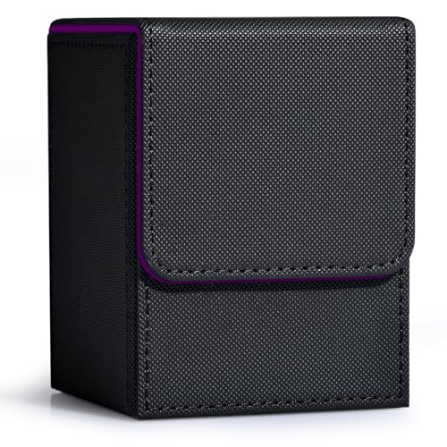 ZLCA Card Deck Box for MTG, Yugioh Deck Case Holds 100+ Single Sleeved Cards, PU Leather Magnetic Storage Box Fits for CCG TCG Sport Card (Black& Purple)