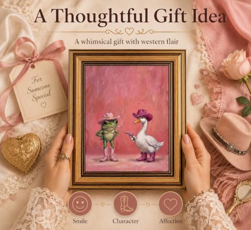 Image of Gold Framed 3D Textured Wall Art, Funny Pink Cowboy Frog and Duck Canvas Prints, Quirky Dopamine Western Animal Pictures Decor, Eclectic Cowgirl Artwork for Bathroom Dorm Bedroom 16x24inch