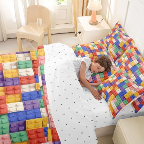 Image of Feelyou Building Block Print 7 Piece Bedding Set Full Size Kids Brick Styles Comforter Set with Sheets for Boys Teens Colorful Gaming Bed in a Bag Green Red Yellow Blue Room Decor