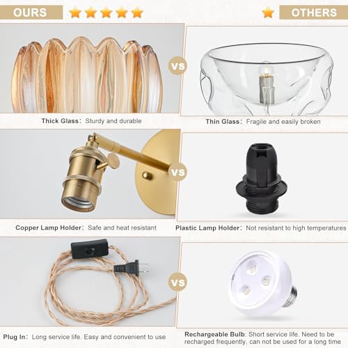 Image of Plug in Wall Sconces Set of 2, Vintage Wall Sconce Light with Tulip Amber Glass Lampshade, Bedroom Wall Sconce with Switch and Plug in wall lamp Cord, Gold Wall Light Wall Decor Set of 2