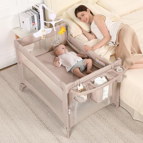 Image of Pack and Play, 4 in 1 Baby Playard – Portable Crib, Bassinet, Bedside Sleeper, Changing Table & Playpen | Breathable Mesh | Safe & Foldable for Newborns to Toddlers (Beige)