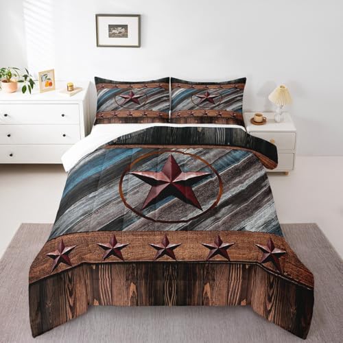 Rustic Texas Star Comforter Western Texas Comforter Set for Boys Girls Children Wood Boards Bedding Set Country Style Farmhouse Duvet Set Room Decor Quilt Set Queen Size