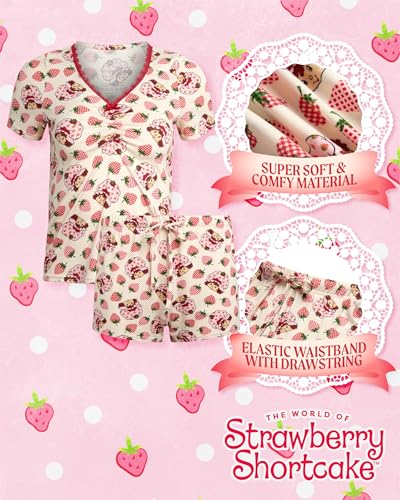 Image of COCO BRANDS Peanuts Snoopy Strawberry Shortcake Womens Pajama Sets - 2 Piece Short Sleeve Sleep Shirt and Pajama Shorts