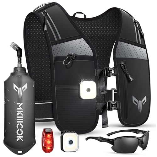 LED Laufweste für Damen und Herren, Laufweste mit Trinkflasche, Leichtes und Atmungsaktives Design mit 360° Reflektoren, Praktische Handyhalterung, Perfekt für Joggen & Dunkelheit