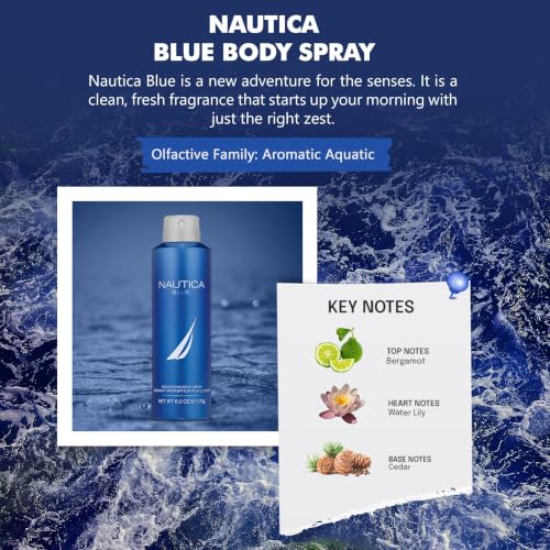 Image of Nautica Blue Deo Body Spray 6 fl oz (Pack of 1), Notes of Basil, Jasmine, and Cedarwood, Men's Fragrance, Long Lasting, Everyday Fragrance