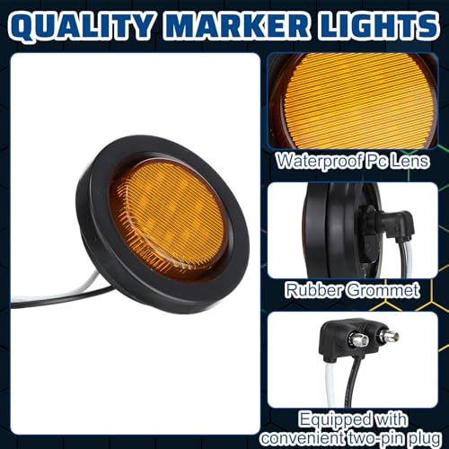 Image of Treela 16 Pcs 2 Inch LED Marker Lights 10 LEDs Round Trailer Light Waterproof Sealed with Rubber Flush Mount Grommet 2 Prong Wire Pigtails for RV Truck Semi Trailer Side Tail Lights(Yellow)