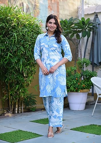 Image of LABEL ADRIJA Floral Print Pure Cotton Tunic Shirt Pant Cord Set Kurta Pant Set for Women