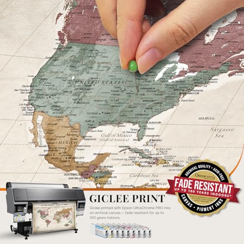 Image of DECORARTS - Large Personalized World Travel Map with Pins, Custom Name, Pin Board Canvas Wall Art, Vintage Pastel World Decor, Optional Wood Frame, Giclee Print, Handcrafted in USA, 35x28''