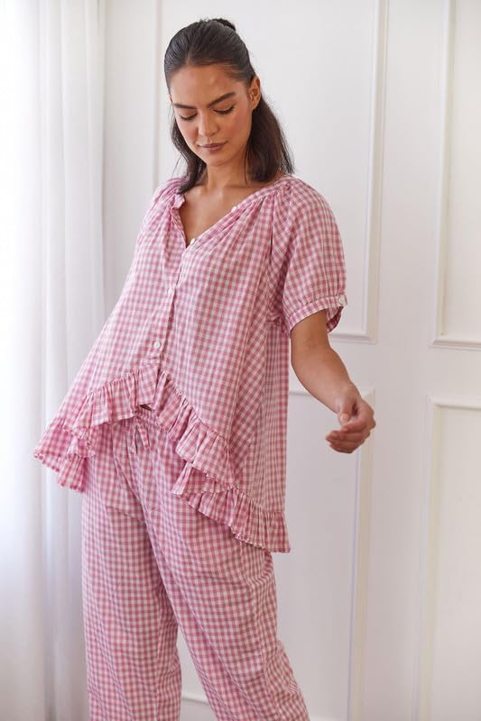Sastianaen Women Plaid 2 Piece Pajama Set Y2K Button Down Puff Sleeve Babydoll Shirt Gingham Pants Loungewear Sleepwear Pjs - Image 4
