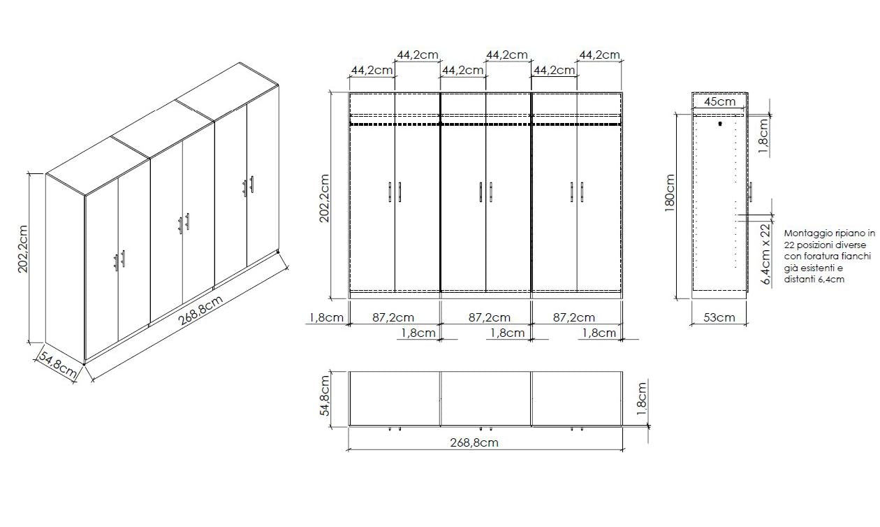 My Brand Germanvox Swift Armadio Guardaroba 6 ante Camera da Letto Bianco Opaco Made in Italy L.270 P.53 H.202 cm