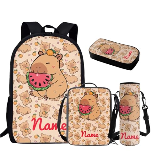 Rnyleeg Personalized Capybara Backpack with Lunchbox for Girls Custom Name Girls Backpack Set 4pcs Customized Kids Bookbag Set for Elementary School Mochila Para Niña