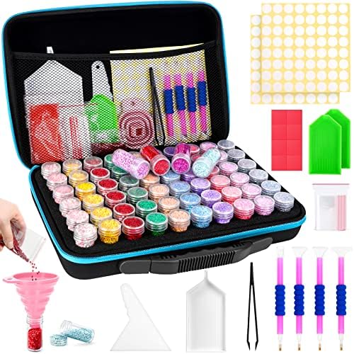 FUNDAFUL Diamond Painting Storage Containers, 60 Slots Diamond Art Accessories and Tools, Diamond Art Organizer with Diamond Painting Kits Shockproof Jars for Jewelry Beads, Blue