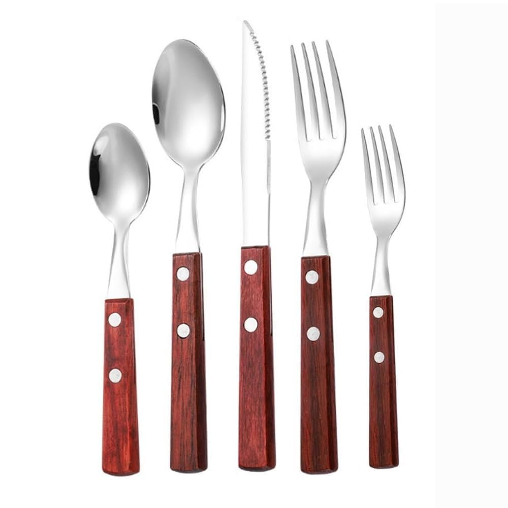 Solid Wood Handle Kitchen Stainless Steel Silverware Tableware Flatware Cutlery Knives Forks Spoons Set Home Steak Knife Dessert Spoon (B,5 pieces)