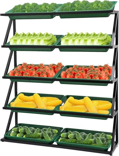 Półki na warzywa w supermarkecie, komercyjny supermarket na owoce i warzywa, 4/5-poziomowy stojak ekspozycyjny do sprzedaży detalicznej, stojak na przekąski, z 8/10 koszami, zielony