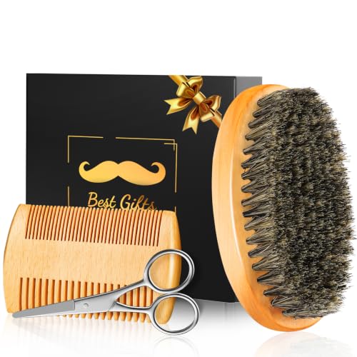 Stocking Stuffers for Men: Beard Brush & Comb Set, Mens Gifts Beard Care Kit, Natural Boar Bristle Brush Pear Wood Comb, Great for Travel Facial Hair Grooming, Christmas Birthday Gifts for Him