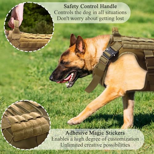 Janety Taktisches Hundegeschirr für große und mittlere Hunde, Anti Zug Hundeweste mit verstellbaren Trägern Metallschnallen, robust und atmungsaktiv, für Training und Outdoor Aktivitäten, Khaki M