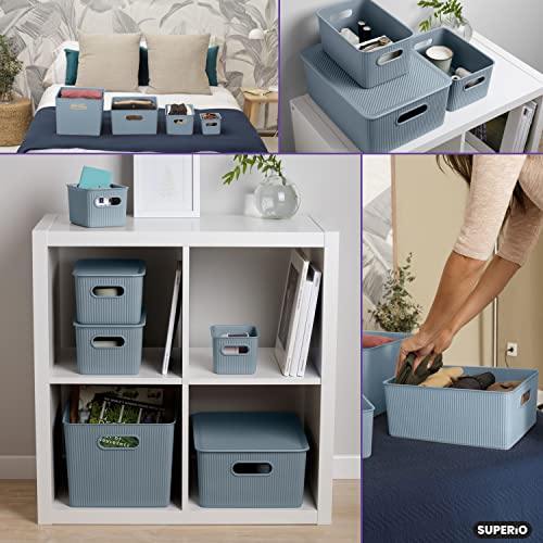 Superio Ribbed Collection - Decorative Plastic Open Home Storage Bins Organizer Baskets, Large Blue (1 Pack) Container Boxes For Organizing Closet Shelves Drawer Shelf 15 Liter/16 Quart #TOP5