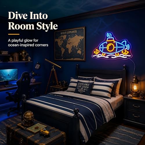 Image of Submarine Neon Sign, RGB Color Changing, 16.5 inch x 10.7 inchIN | LED Underwater Sub Light, USB Powered, Wall Decor, Gamer Room Aesthetic, Boys Bedroom & Man Cave