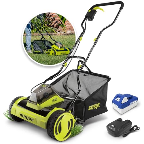 Image of Sun Joe 24V-CRLM15 15-Inch 24-Volt IONMAX Cordless Push Reel Mower w /11.9-Gallon Collection Bag, Kit (w / 4.0-Ah Battery + Charger)