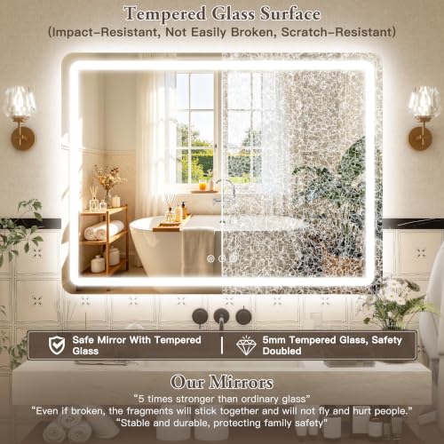 Image of 40 inch x 30 inch Led Bathroom Mirror with Lights, Anti-Fog & Tri-Color Lighting - Wall Mounted Shaving Mirror with Touch Sensor, Waterproof & Smart LED Vanity Mirror,Tempered Glass, Dimmable Smart Mirror