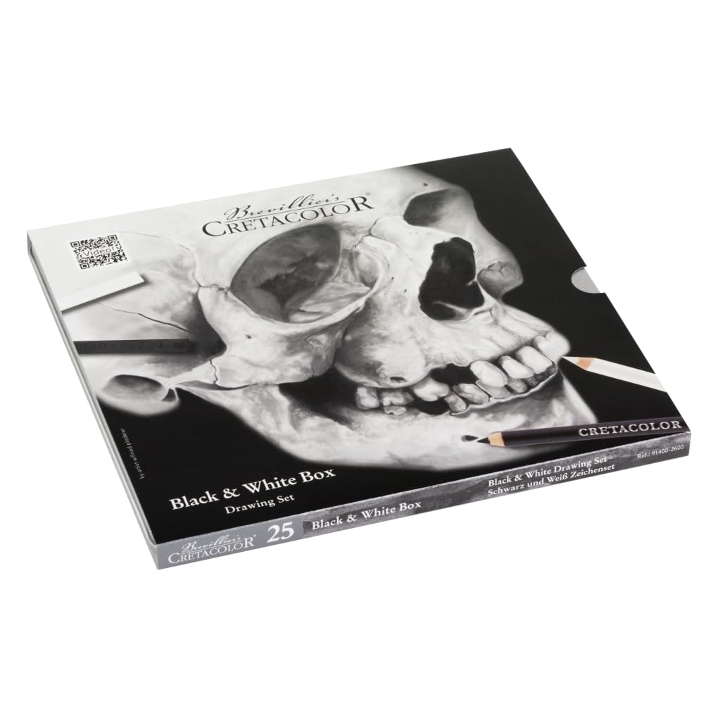 Cretacolor Black & White Box „Skull“ – 25-teiliges Schwarz-Weiß Zeichen-Set mit Stiften, Künstlerminen, Kohle, Spitzer & Radierer – Zeichenmaterial für Skizzen, Portraits & Illustrationen
