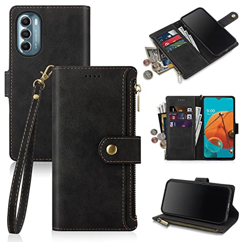 Antsturdy Motorola Moto G Stylus 5G 2022 Wallet case with Card Holder for Women Men,Moto G Stylus 5G 2022 Phone case RFID Blocking PU Leather Flip Cover with Strap Zipper Credit Card Slots,Black