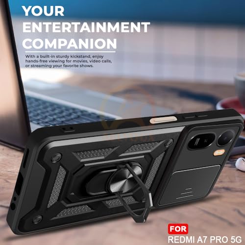 Image of Armor Bumper Back Cover Case for Redmi A7 Pro / C85X 5G | Rotating Camera Cover, Ring Holder & Kickstand | Heavy Duty & 360 Degree Protection Back Cover (Black)