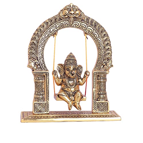 Image of KridayKraft Ganesh ji dori jhula Idol, Ganpati Idol on Swing jhula for Temple Pooja, Ganesh Metal Statue Home, Office & Table Decorative, Religious Showpiece Figurines