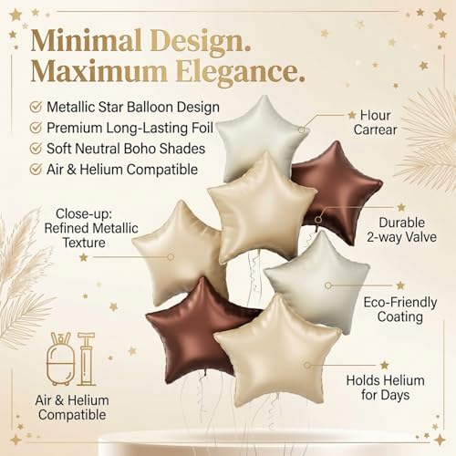 Image of Atpata Funky Boho Theme Foil Balloons - White Sand, Nude Cream, Tan Brown Caramel Shades - Stars and Hearts Shape - for Weddings, Birthdays, Baby Showers, and Party Decorations (6pcs, Stars)