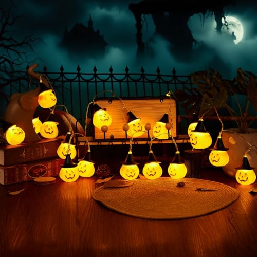 Image of 10 LED Mini Pumpkin String Lights - 1.5m Halloween Decorations with Hat, Warm White Battery Operated Lights for Party, Garden (Batteries Not Included)