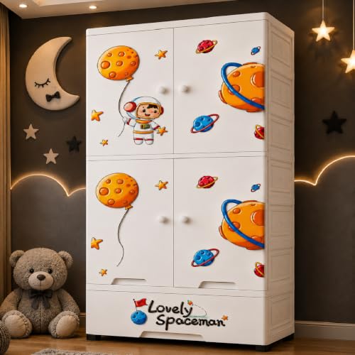 Image of Mevigo 4-Door Plastic Wardrobe for Kids| Almirah and Wardrobe for Baby Clothes| Modular Storage Cabinet with Wheel Organizer for Cupboard Rack for Clothes /Shoes /Books /Toy (White-KT-81021, 4- Door)
