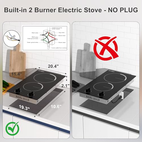 Image of 2 Burner Electric Cooktop 220V - 12 Inch Built-in Electric Stove Top 3000W, Radiant Electric Stovetop with 9 Power Level, Knob Control, Auto Shut Down Protection, 220-240V Hard Wired (No Plug)