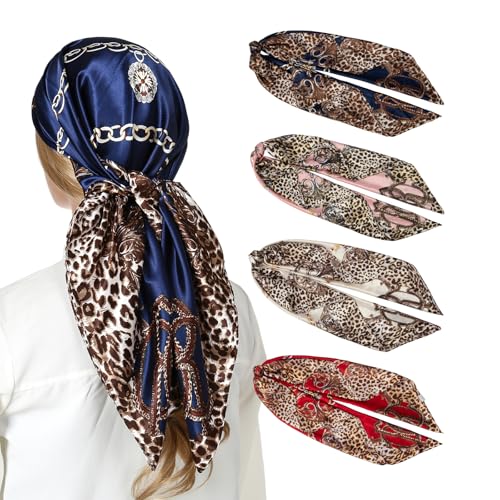 RIIQIICHY 35 Inch Head Scarf for Women Like Silk Scarf Hair Scarf - 4 PCS Square Scarf Bandanas for Women Pink/Navy/Red/Cream