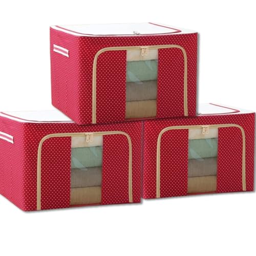 Image of RENVA 3 PCS polycotton Clothes Storage Organizer Bins, Foldable Storage Bins-Cloth Steel Frame Storage Box with Foldable Clear Window & Reinforced Handles (Red, 66L-3)