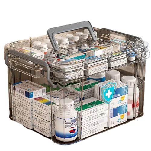 AiMeiteng Caja para medicina, Caja organizadora para medicina 2 niveles,Organizador medicamentos, portátil Medicine box, para el hogar y el exterior (Gris, L)