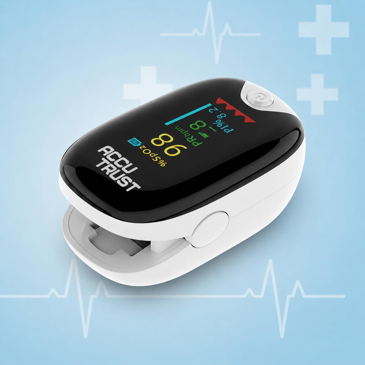 ACCUTRUST Pulse Oximeter Fingertip β Accurate SpO2 & Pulse Rate Monitor with OLED Screen, 4-Way Display, One-Button Operation