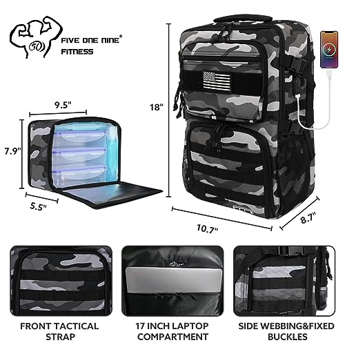 519 Fitness [Tactical All-Around] Modular Meal Prep Backpack - Grey Camouflage - Fits 17" Laptop - Removable Meal Part, Hydration Bladder, 3 Containers, 2 Ice Packs & US Flag Patch