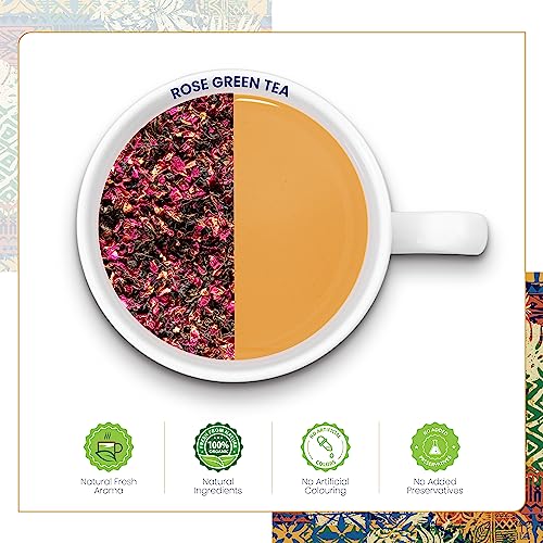 Image of Dabri Rose Green Tea Loose Leaves 100g Pouch | For Glowing Skin & Hair (Men & Women) | Natural Rose Petals | Antioxidant-Rich | Organic Blend | Relieves Stress & Supports Weight Control