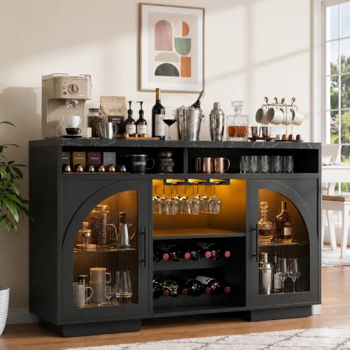 54" Coffee Bar Cabinet with Storage, LED Lights and Arched Glass Doors