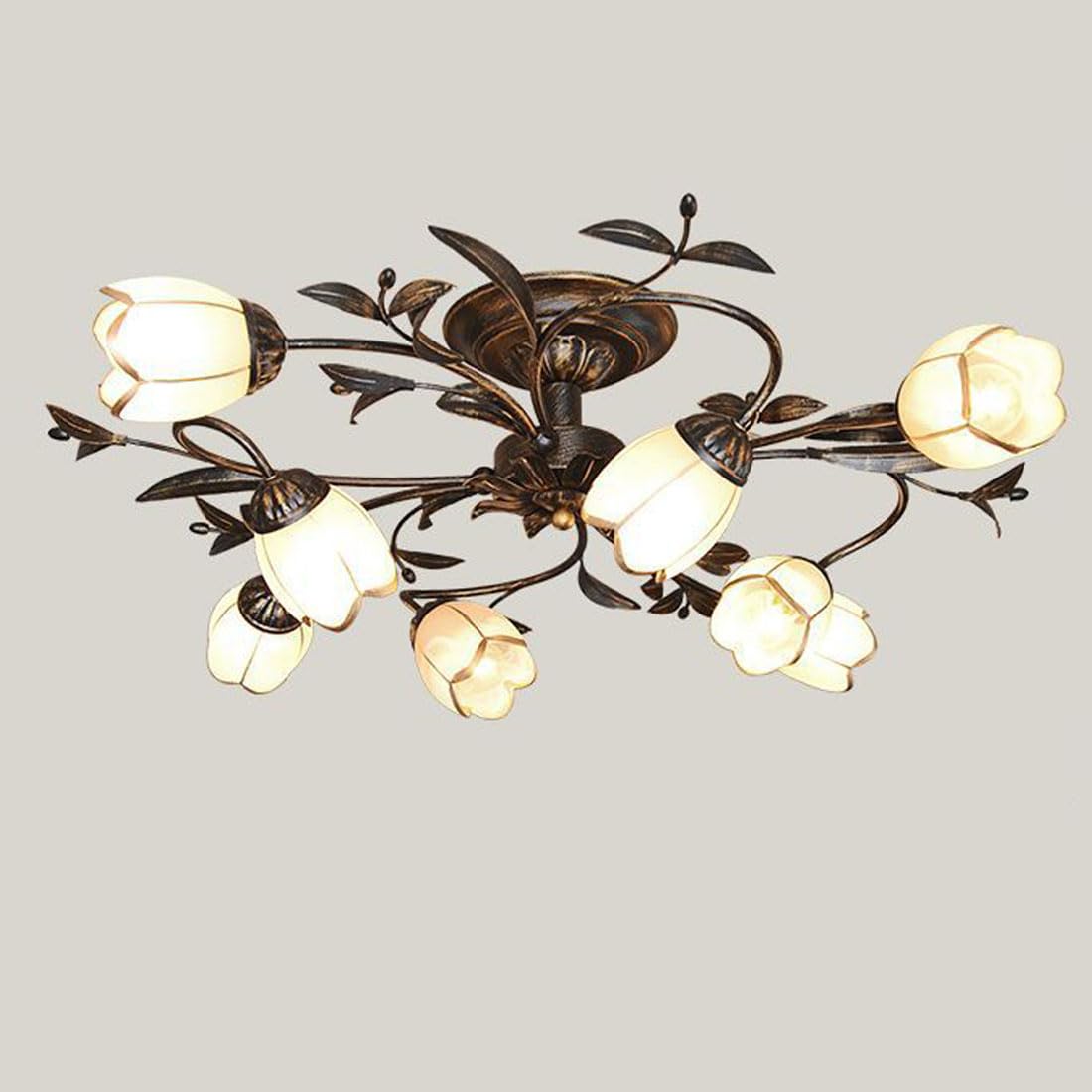 KXEcoLife American retro ceiling lamp, creative flower-shaped LED pastoral chandelier, simple European living room French lamp for bedroom,8 Heads