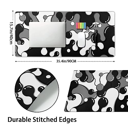 Image of Black White Grey Mouse Pad XXL Anime Cool Geometric Japanese Extended Desk Mat 90X40 CM Non-Slip Rubber Base Stitched Edge Large Mousepad for Gaming Laptop Computer Desktop 35.4x15.7 Inch