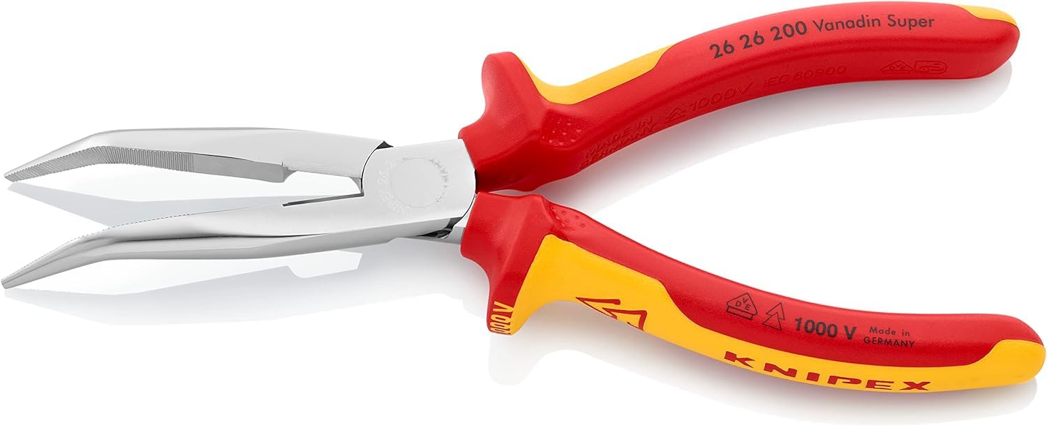 Knipex Pince demi-ronde avec tranchant (pince bec de cigogne) chromée isolées par gaines bi-matière, certifiées VDE 200 mm, 26 26 200