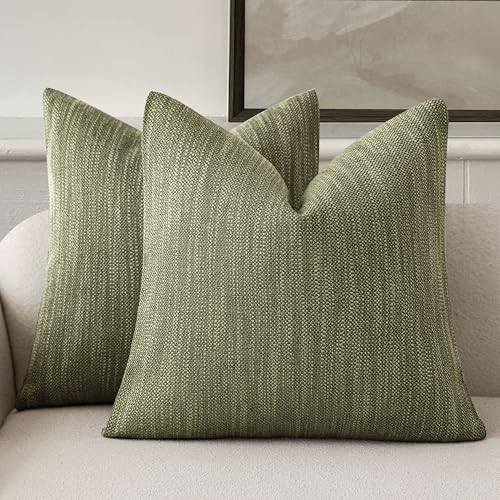 Image of Foindtower Set of 2 Decorative Textured Burlap Linen Throw Pillow Covers Farmhouse Boho Cushion Cover Solid Accent Pillowcase for Couch Sofa Bed Living Room Home Decor,20x20 Inch,Olive Green